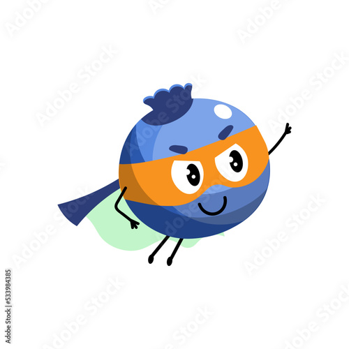 Cartoon blueberry in super hero costume.