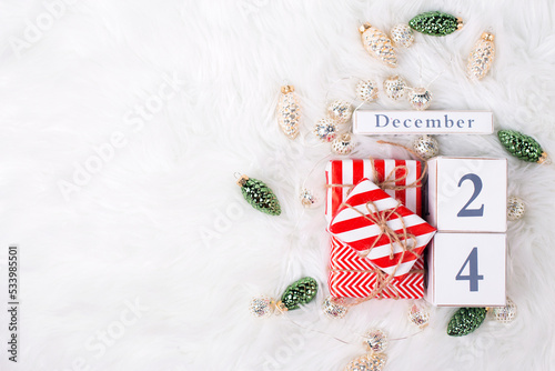 Winter holidays postcard. Christmas holiday background.  Top view. Place for text.