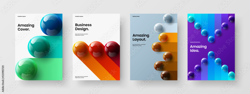 Premium booklet A4 design vector template collection. Clean 3D balls company cover illustration set.