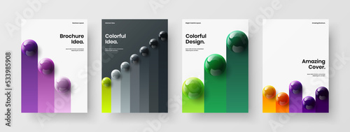 Clean presentation design vector layout collection. Geometric realistic spheres pamphlet template bundle.