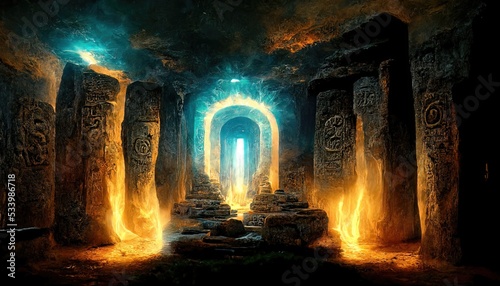 Fantasy night landscape with magical power  ancient stones with magical power and light  runes. Passage to another world  magic door  light  neon. 3D illustration