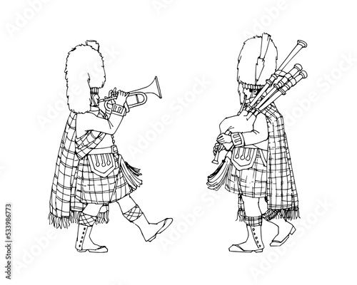 A Scottish piper and trumpeter in bear hats. Festive military band. Vector illustration with black contour lines isolated on a white background in a cartoon and hand drawn style.
