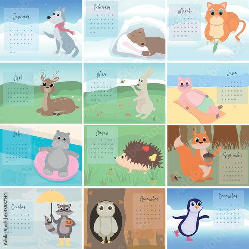 cute animals character calendar for 2023