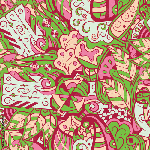Tracery seamless pattern. Mehndi design. 6 colors. Ethnic doodle texture. Curved doodling background. Vector