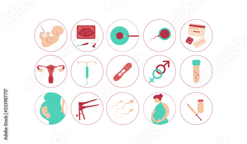 Pregnancy insemination contraception concept. Woman fertility icon set. Obstetrics signs collection.