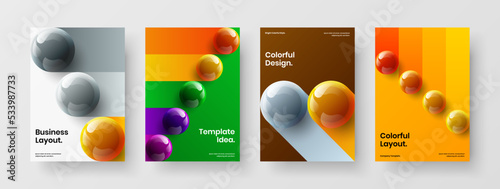Minimalistic 3D spheres brochure template composition. Clean magazine cover vector design layout collection.