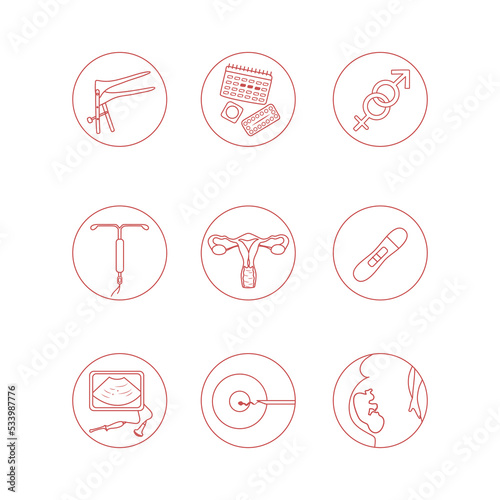 Woman fertility icon set. Obstetrics signs collection. Pregnancy insemination contraception concept
