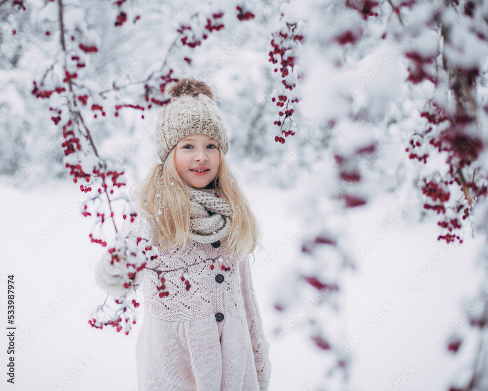 A charming beautiful young girl with long blond hair, in a light sweater and scarf, smiles and stands in a winter forest with falling snow and touches rowan tree branches. A charming beautiful young girl with long blond hair, in a light sweater and scarf, smiles and stands in a winter forest with falling snow and touches rowan tree branches.