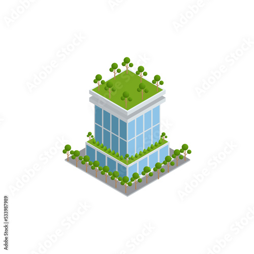 Isometric flat Eco-architecture. Green skyscraper building with plants growing on the facade. Ecology and green living in city, urban environment concept.