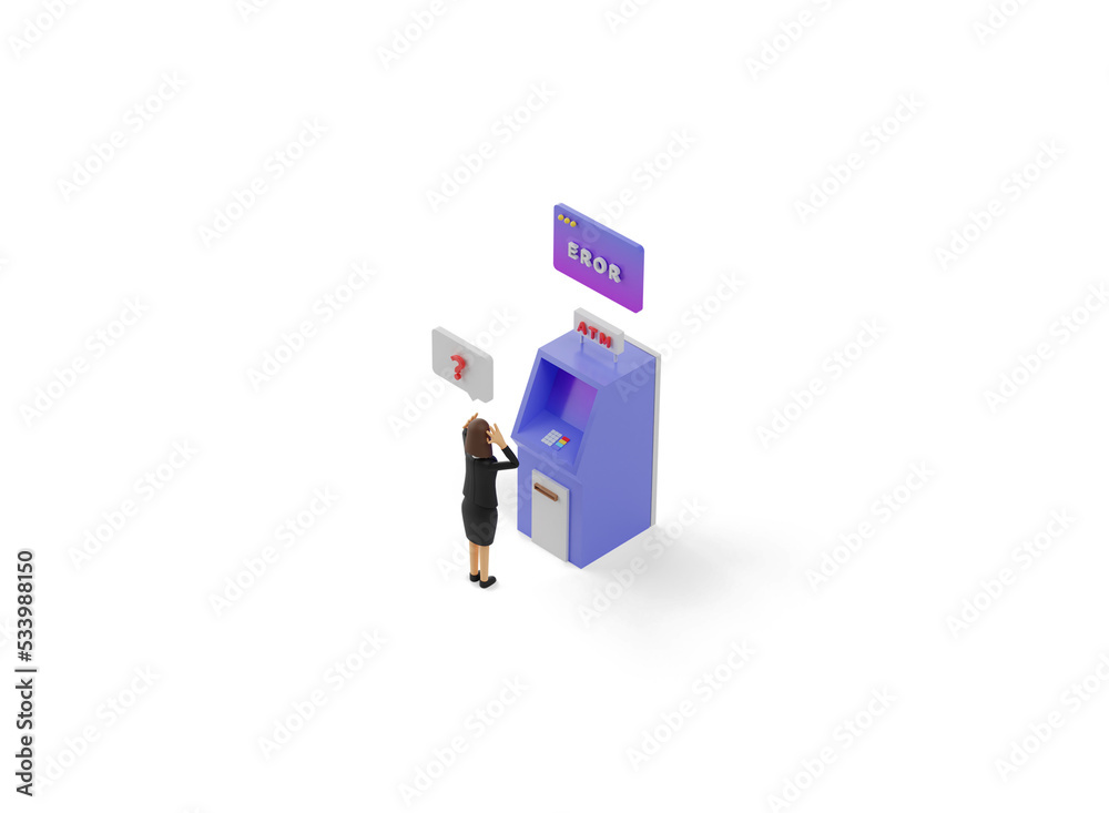 3d isometric fail transaction illustration. a woman gets a successful notification when sending money using an atm machine. 3d rendering illustration