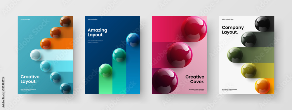 Geometric realistic spheres front page template composition. Colorful corporate brochure design vector layout collection.