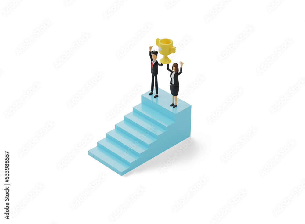 3d isometric success illustration. woman and man lift the trophy together on the stairs. 3d rendering illustration 3d isometric success illustration. woman and man lift the trophy together on the stairs. 3d rendering illustration