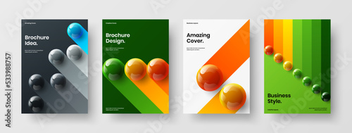 Unique realistic spheres poster layout collection. Geometric journal cover design vector template composition.