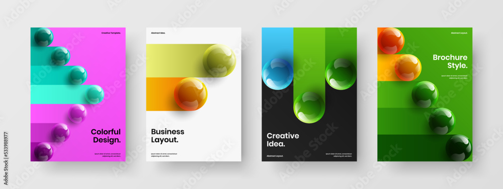 Vivid 3D spheres booklet illustration composition. Creative company cover A4 vector design concept bundle.
