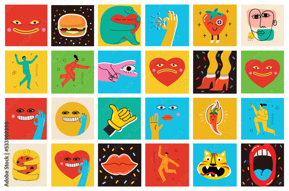 Fototapeta premium Big Set of Different colored Vector illustartions for posters in Cartoon Flat design. Hand drawn Abstract shapes, faces, different texture funny Comic characters.