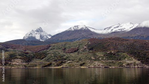 Snow capped mountains along the Beagle Channel near Ushuaia  Argentina