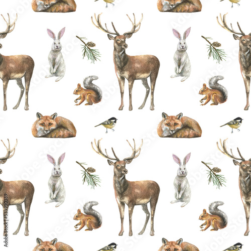 Print op canvas Beautiful seamless pattern with watercolor hand drawn wild white hares, deer, birds, squirrels