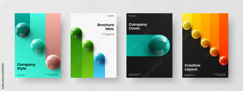 Modern journal cover design vector concept composition. Multicolored 3D spheres annual report template set.