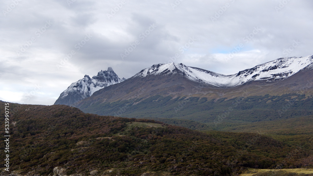 Snow capped mountains along the Beagle Channel near Ushuaia, Argentina