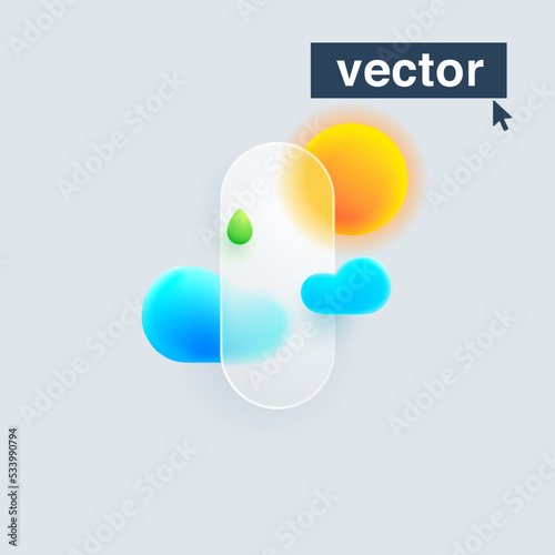 I letter logo made of sun, clouds, and green drop under mate glass. Realistic 3d glass morphism style emblem.