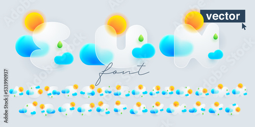 Alphabet made of sun, clouds, and green drop under mate glass. Realistic 3d glass morphism style emblem.