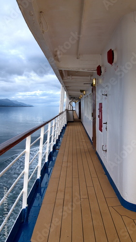 Deck of an expedition cruise ship passing through the Beagle Channel near Ushuaia, Argentina