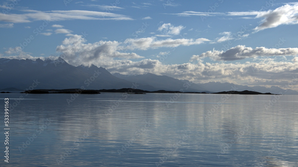 The Beagle Channel, surrounded by mountains, near Ushuaia, Argentina