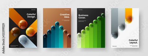 Amazing corporate brochure A4 vector design illustration bundle. Multicolored 3D balls company identity layout set.