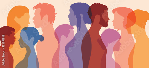 People of different cultures and countries are shown in a flat cartoon image. Diversity and multi-ethnicity are introduced. Racial equality, coexistence harmony, and multiculturalism.