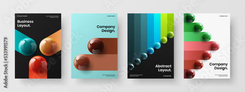 Clean realistic balls company brochure template set. Abstract book cover A4 design vector layout bundle.