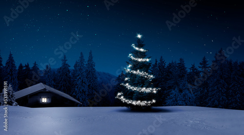 Schihütte bei Nacht im Winter