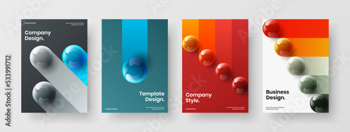 Abstract book cover A4 vector design concept composition. Minimalistic 3D balls annual report illustration collection.