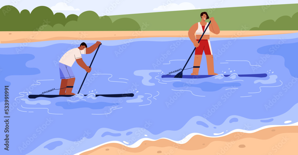 Couple of people paddling on stand up paddle board flat vector illustration.