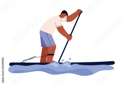 Paddleboarding sport or pastime workout flat vector illustration isolated.