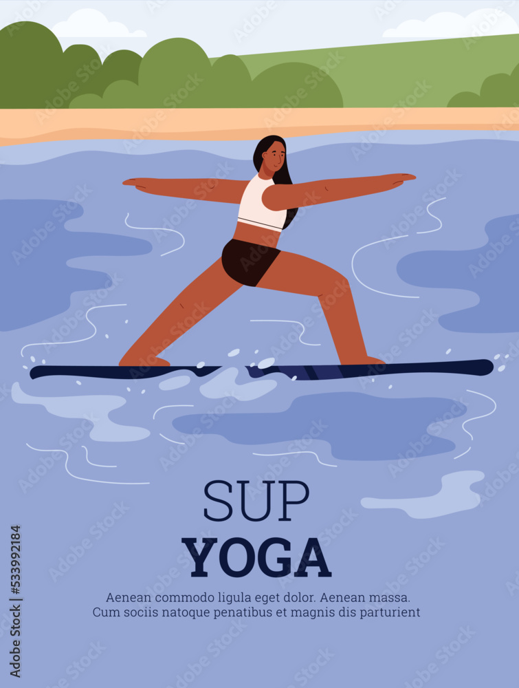 Poster or vertical banner about sup yoga flat style, vector illustration
