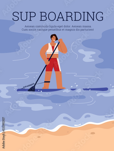 Sup boarding or Paddleboarding banner or poster template flat vector illustration.