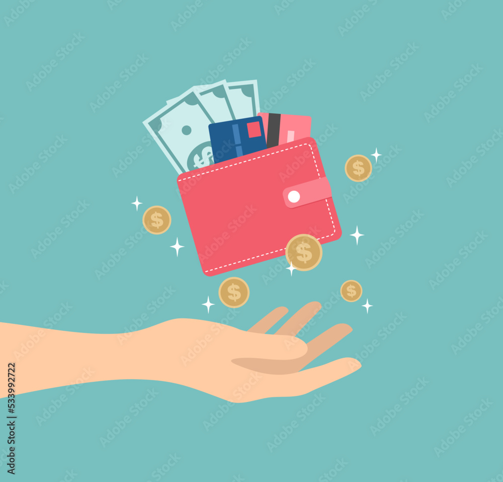 Hand holding red wallet with cash, credit cards and coins. Flat vector illustration