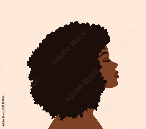Side portrait of a beautiful African or African-American woman with curly hair and closed eyes. Flat vector illustration