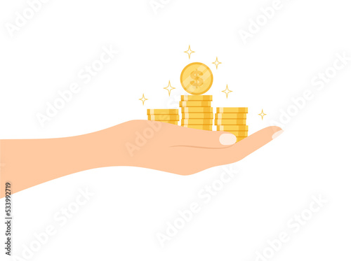 Hand holding heaps of golden shining coins isolated on white background. Flat vector illustration