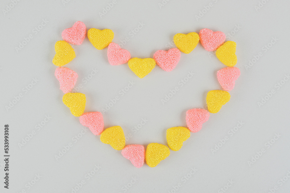 Colorful sugary heart shaped jelly candies