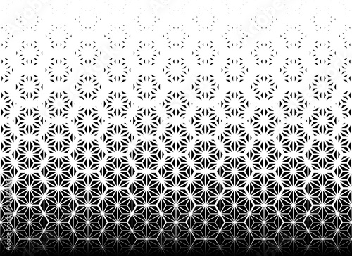 Geometric pattern of black figures on a white background.Seamless in one direction.Option with a AVERAGE fade out.Ray method.Additional hexagonal grid