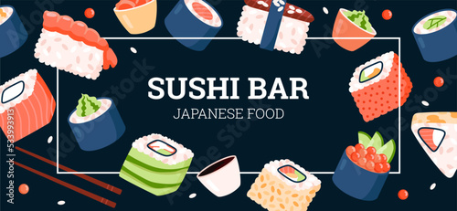 Sushi Japanese cuisine bar banner or flyer template flat vector illustration.
