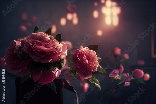 Romantic bouquet of roses. Fantasy rose, light blurred bokeh. Romantic evening atmosphere, rose garden, rose bouquet, flowers. 3D illustration