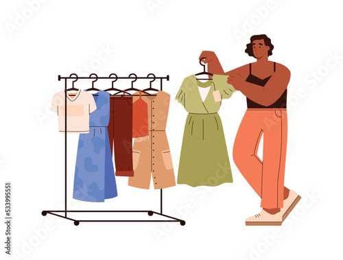 Woman taking off dress from a hanger rack flat vector illustration isolated.