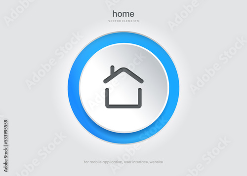 3d minimal modern home, homepage, base, main page, house icon emblem symbol, sign. 3d blue home icon. Mobile app icons. Device UI UX mockup. Isolated vector elements. Home push button.