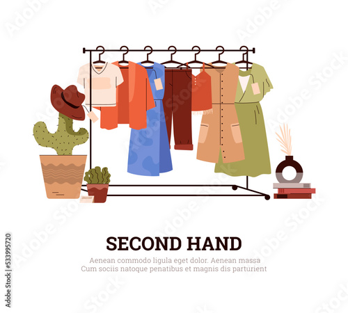 Second hand shop banner or card design cartoon flat vector illustration isolated. photo