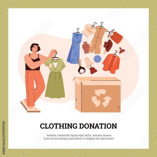Clothing donation concept of banner or poster flat vector illustration.