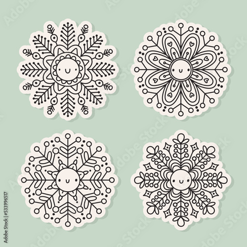 Vector set of doodle snowflakes. Kawaii winter characters. Christmas stickers. Outline illustration.
