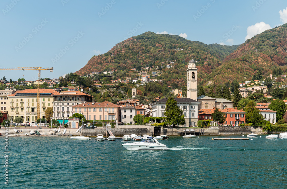 View of the lakefront of Cernobbio, the popular holiday resort on the shore of Lake Como, Lombardy, Italy