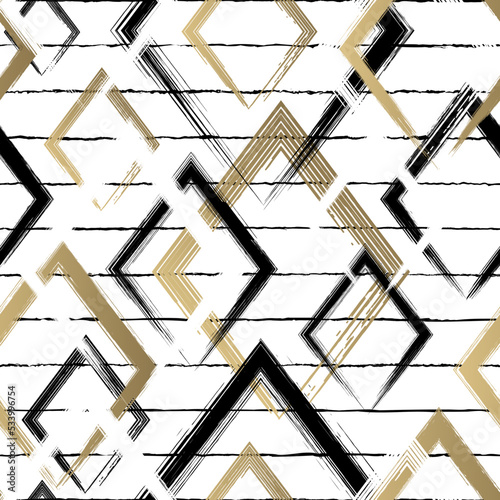 Abstract rhomb seamless pattern. Repeating gold grunge backdrop. Random rhombus. Background golden printed. Geometric texture. Repeated printing. Repeat patern for design prints. Vector illustration